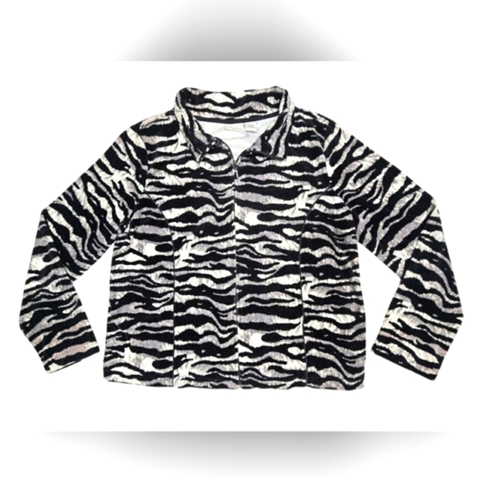 Kim Roger's Black Gray & White Soft Velour Zip up Jacket Zebra Print w/ Pockets - Picture 3 of 11